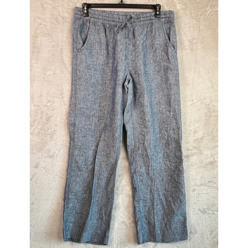 LL Bean Womens Blue Linen Drawstring Elastic Waist Wide Leg Pants 16 XL Chambray